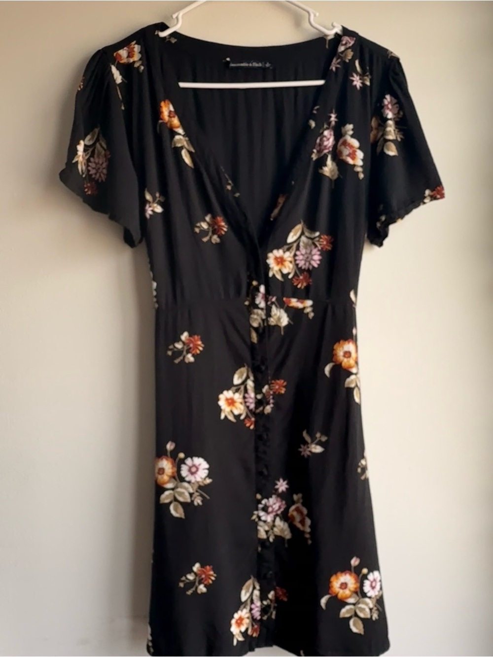 Abercrombie & Fitch Black Floral Button Front Short Sleeve Mini Dress Size L